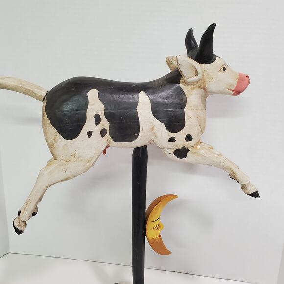 Set of 2 Flying Pig & Cow Jumped Over Moon Carved Wood Figurines Folk Art Vtg? - Picture 4 of 16